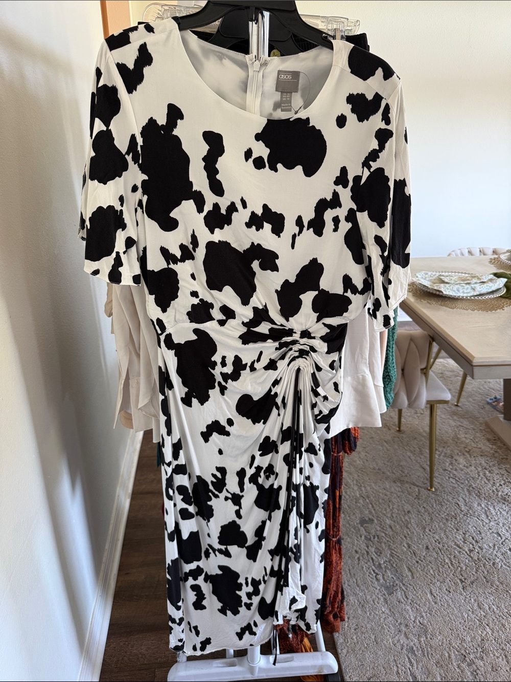 ASOS Black & White Cow-Print Ruched Midi Dress
